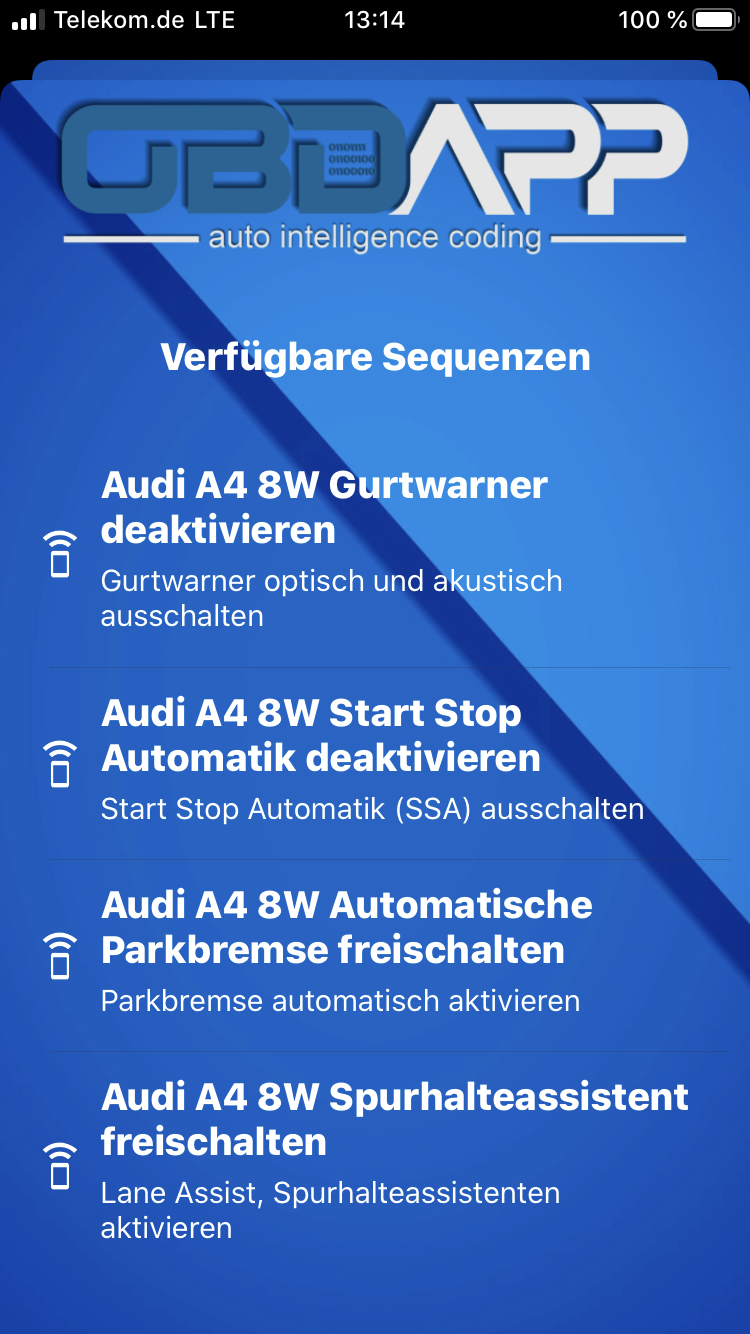 OBDAPP Shop - Audi A4 8W automatische Parkbremse freischalten