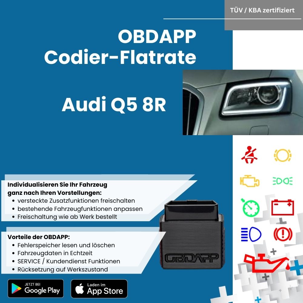 OBDAPP Shop - Audi Q5 8R OBDAPP Flatrate Codierflatrate Fahrzeugfunktionen  freischalten aktivieren programmieren codieren